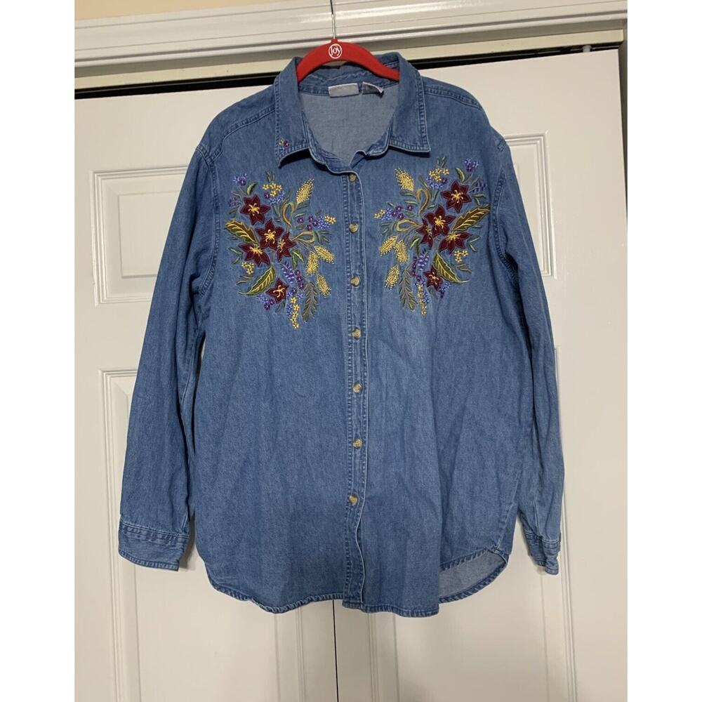 Vintage Bobbie Brooks Denim Floral Embroidered Button Up Shirt Cottage 18W / 20W